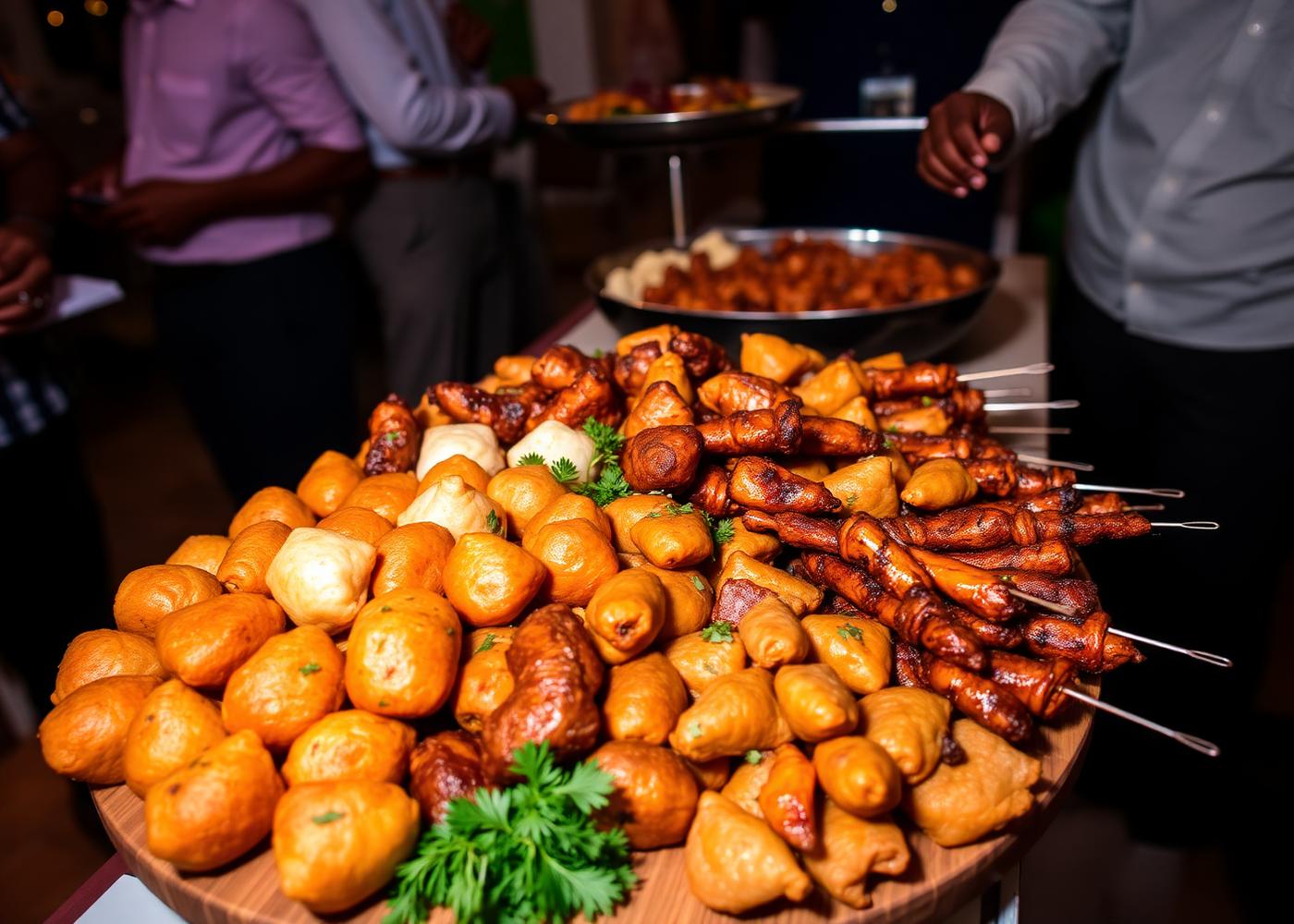 A catering spread of Nigerian small chops