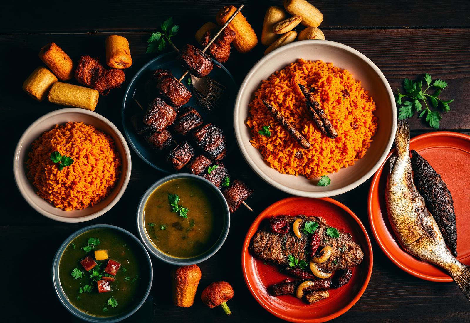 A vibrant Nigerian feast with jollof rice, suya skewers, egusi soup, and grilled fish